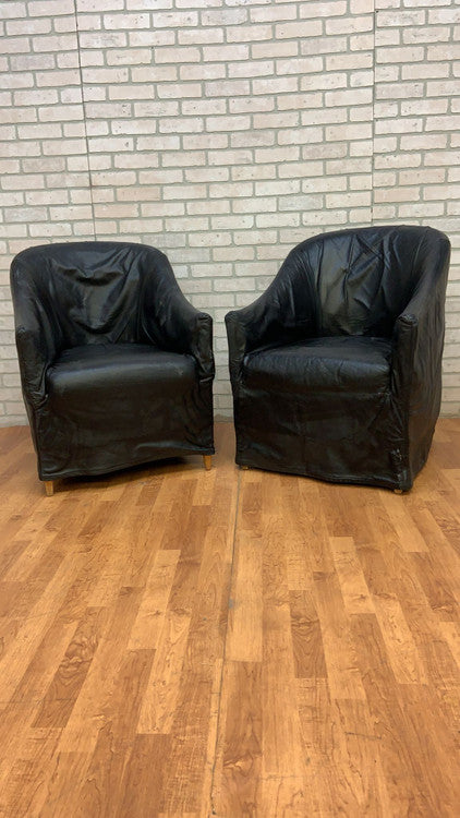 Vintage Barrel Back Club Chairs in Black Italian Draped Leather by Niedermaier - Pair