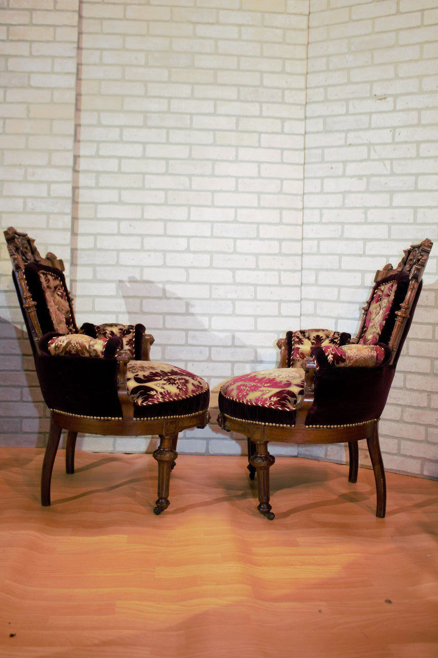 Victorian Renaissance Revival John Jelliff Carved Bergere Chairs Newly Upholstered - Pair