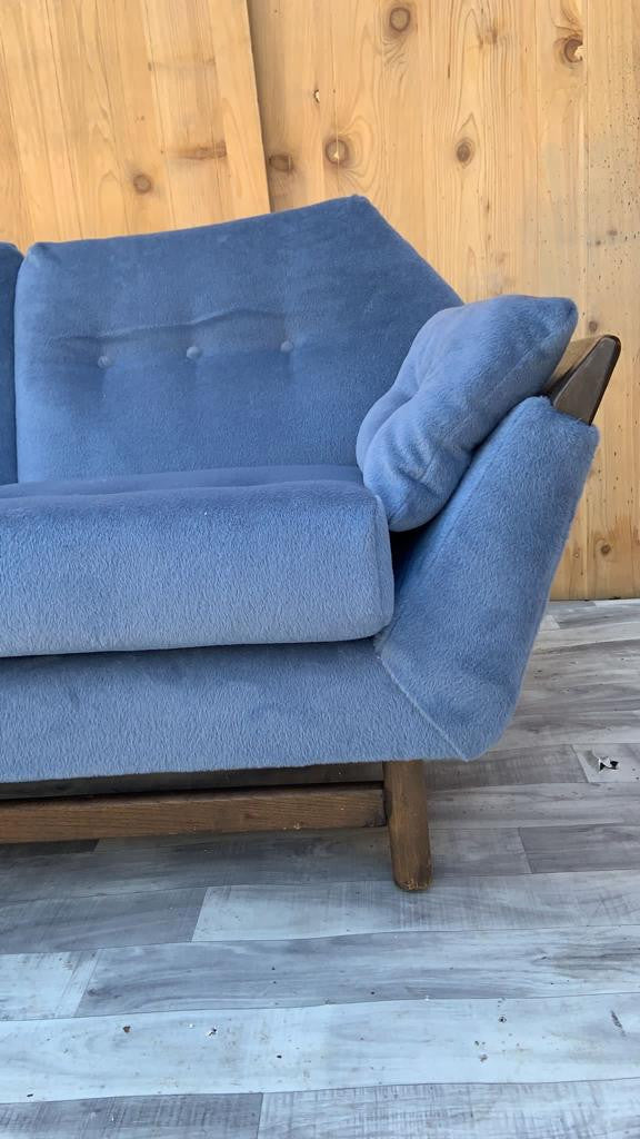 Mid Century Modern Adrian Pearsall Walnut Gondola Sofa Newly Upholstered in “Sky Blue” Alpaca