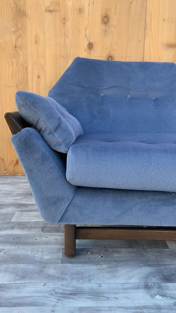 Mid Century Modern Adrian Pearsall Walnut Gondola Sofa Newly Upholstered in “Sky Blue” Alpaca