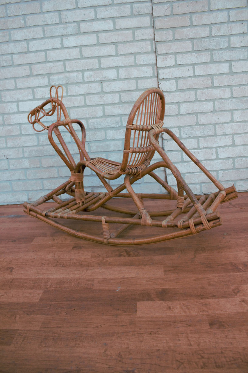 Mid Century Modern Italian Bamboo and Rattan Rocking Horse Attributed to Albini