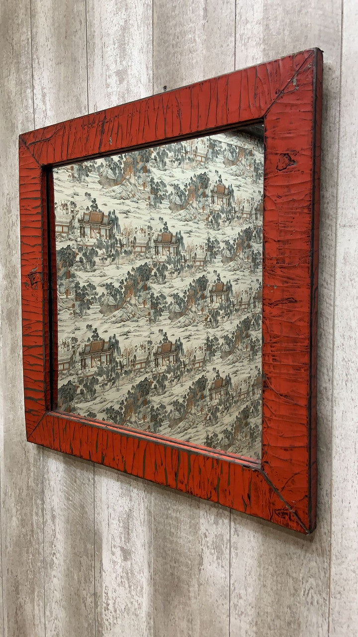 Vintage Chinese Red Linen Wrapped Square Mirror