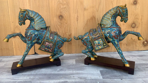 Antique Chinese Cloisonné War Horse Sculptures on Mahogany Base - Pair