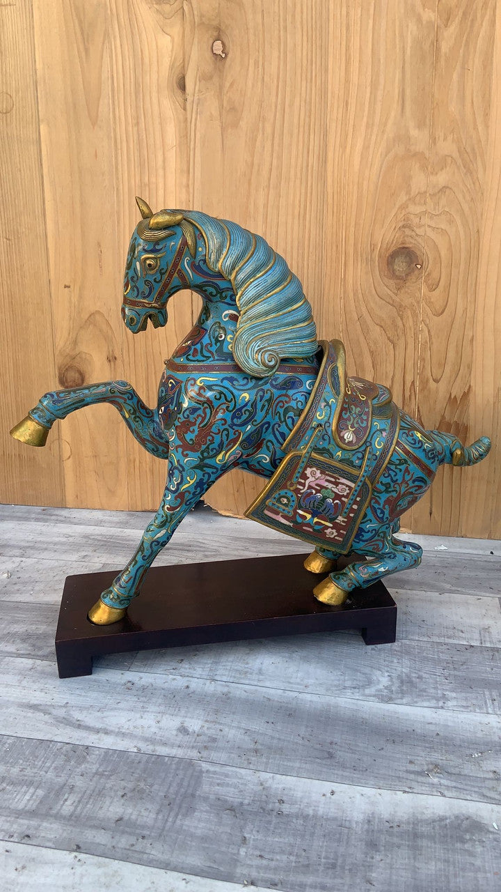 Antique Chinese Cloisonné War Horse Sculptures on Mahogany Base - Pair