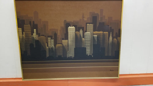 Abstract Skyline Painting on Canvas By Franco in a Gold Frame