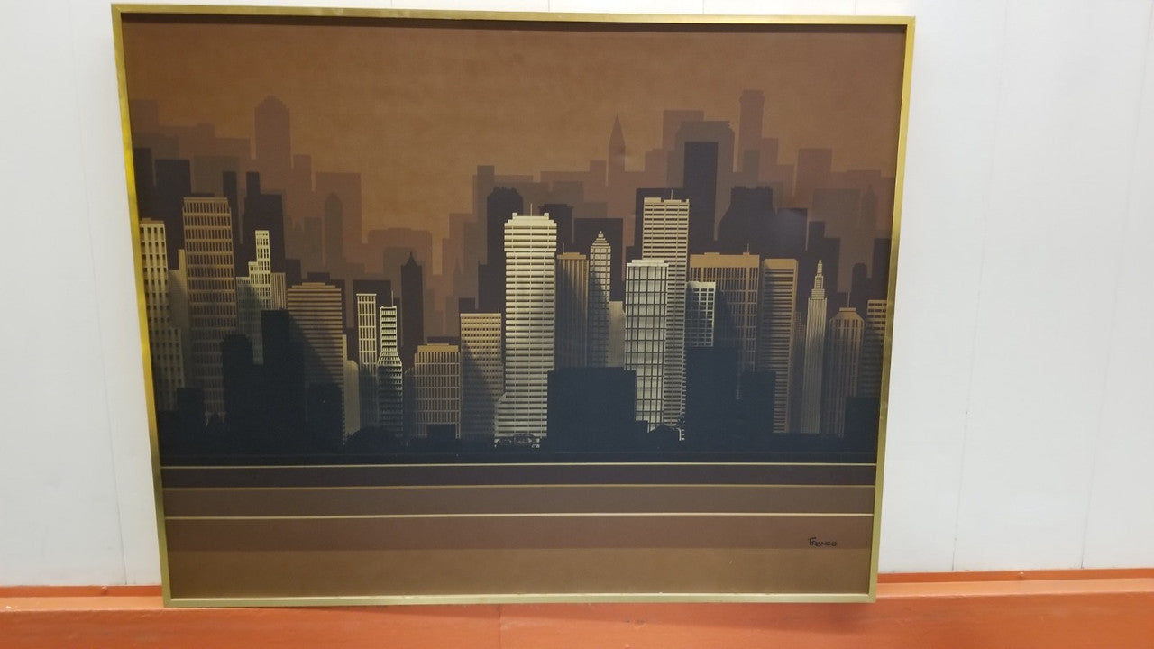 Abstract Skyline Painting on Canvas By Franco in a Gold Frame