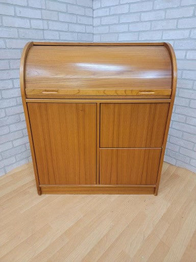 Vintage Danish Modern Teak Compact, Roll Top and Pull Out Desk Storage Cabinet