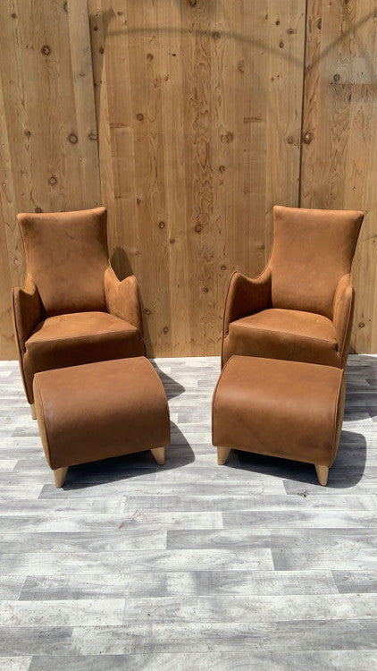 Vintage Mid Century Modern Gerard Van Den Berg 2 Lounge Chairs & 2 Ottomans Newly Upholstered in Natural Raw Leather - 4 Piece Set