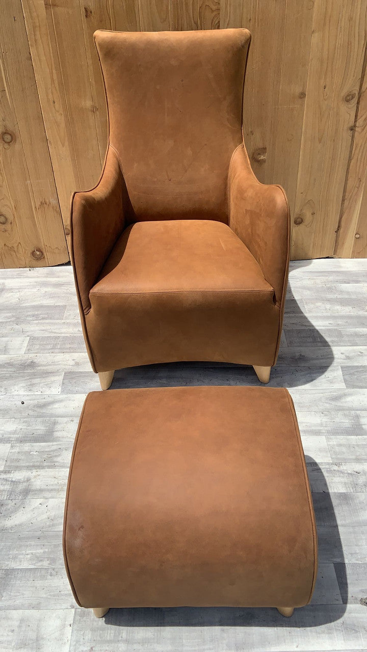 Vintage Mid Century Modern Gerard Van Den Berg 2 Lounge Chairs & 2 Ottomans Newly Upholstered in Natural Raw Leather - 4 Piece Set