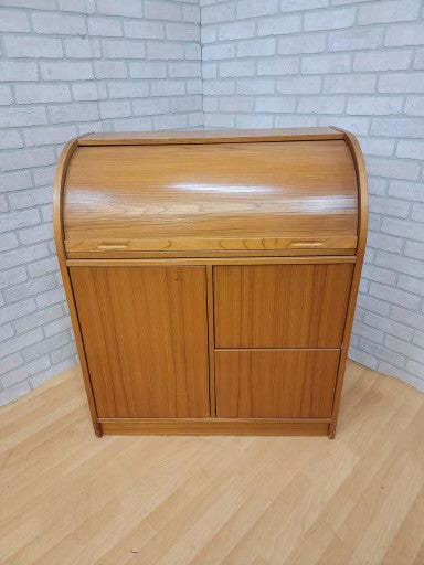 Vintage Danish Modern Teak Compact, Roll Top and Pull Out Desk Storage Cabinet