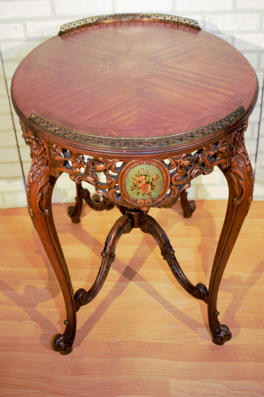Antique Victorian Louis XV Style Carved Ornate Oval Top Side Table with Brass Rail