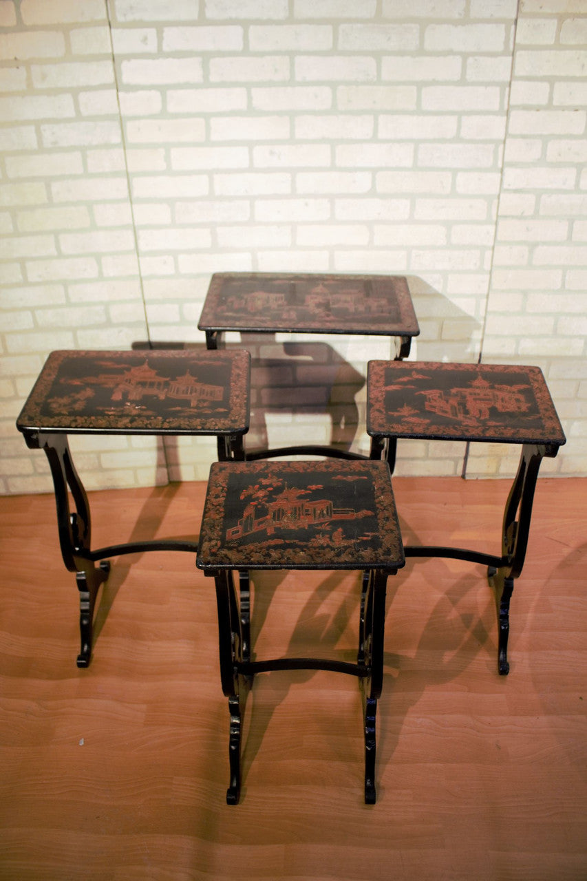 Vintage English Regency Chinoiserie Hand Painted Nesting Tables - Set of 4