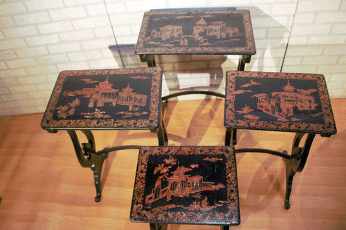Vintage English Regency Chinoiserie Hand Painted Nesting Tables - Set of 4