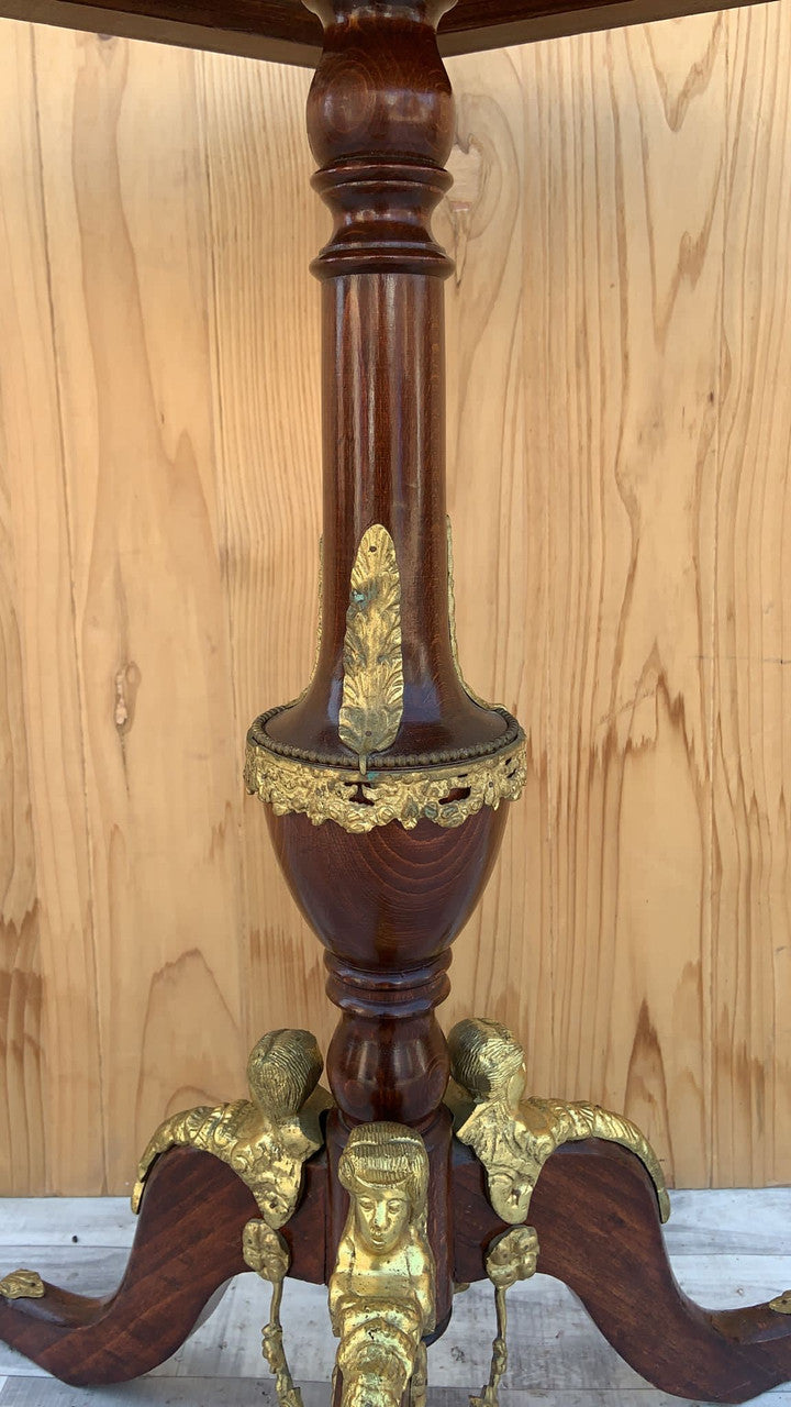 Antique French Napoleon III Hexagon Mahogany Brass Ormolu 3 Leg Pedestal Side Table
