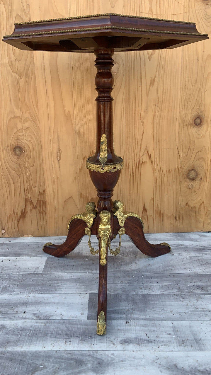 Antique French Napoleon III Hexagon Mahogany Brass Ormolu 3 Leg Pedestal Side Table