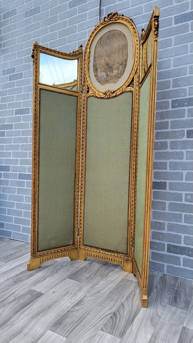 Antique French Neoclassical Revival Giltwood Mirror and Upholstered 3-Panel Screen