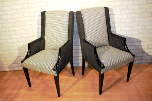 Vintage Wingback Style Wood Black Lacquer Frame Armchair Newly Upholstered - Pair