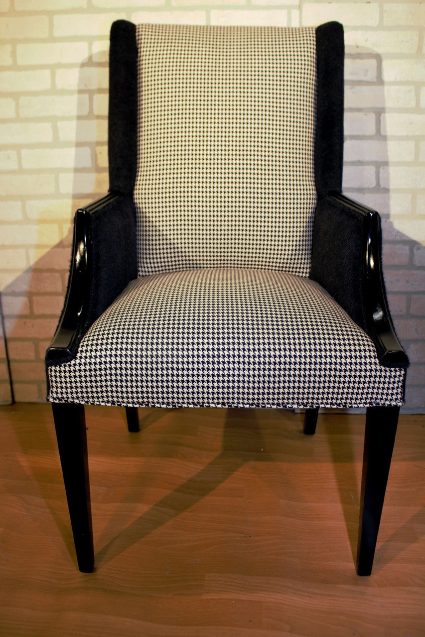 Vintage Wingback Style Wood Black Lacquer Frame Armchair Newly Upholstered - Pair