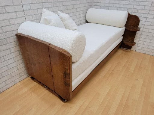 Antique French Art Deco Burled Walnut Daybed Newly Upholstered White Boucle