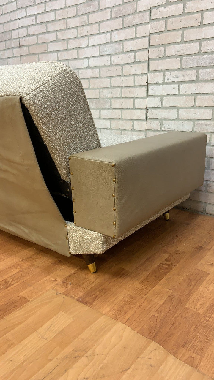 Mid Century Deco Convertible Daybed Sofa & Club Chair Set Newly Upholstered in a Boucle and Leather - 2 Piece Set