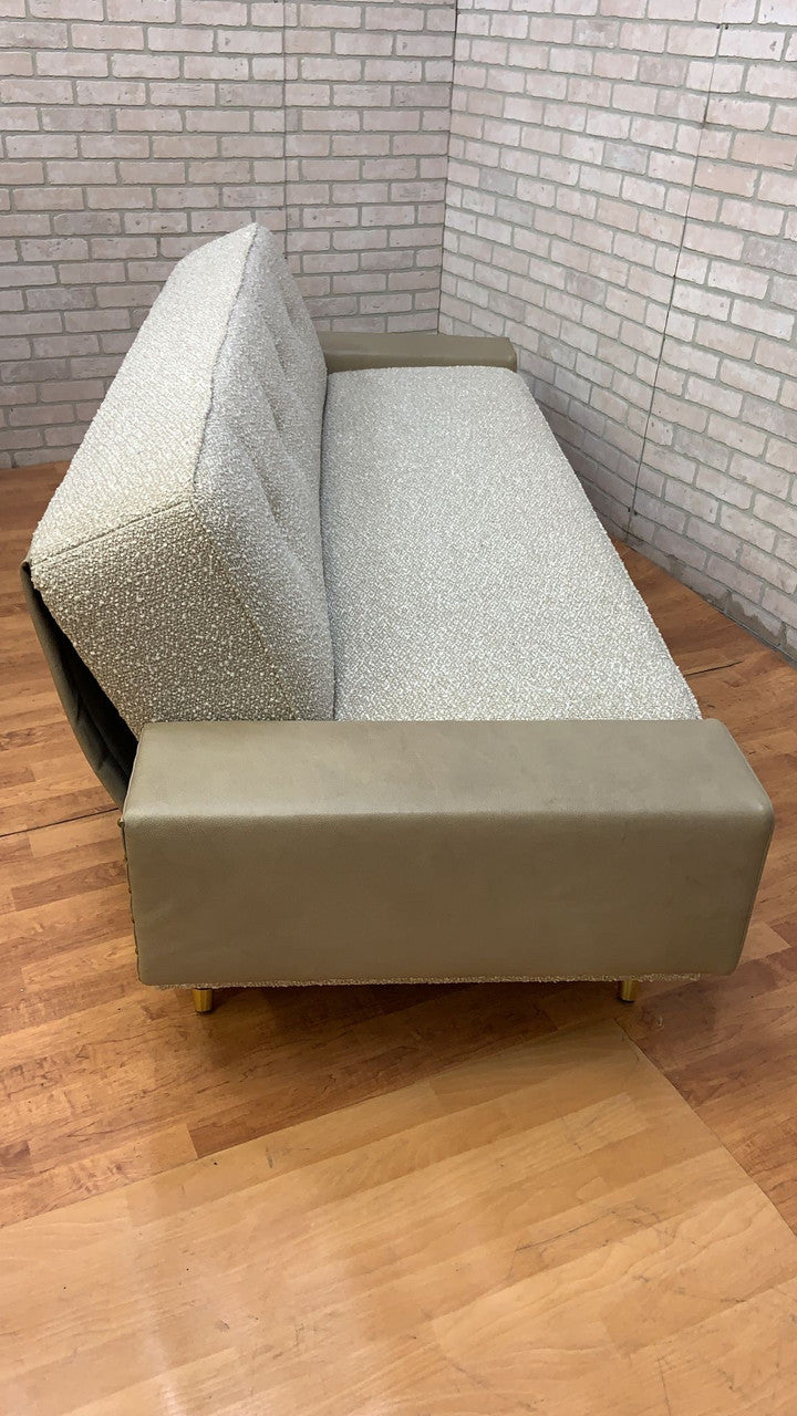 Mid Century Deco Convertible Daybed Sofa & Club Chair Set Newly Upholstered in a Boucle and Leather - 2 Piece Set