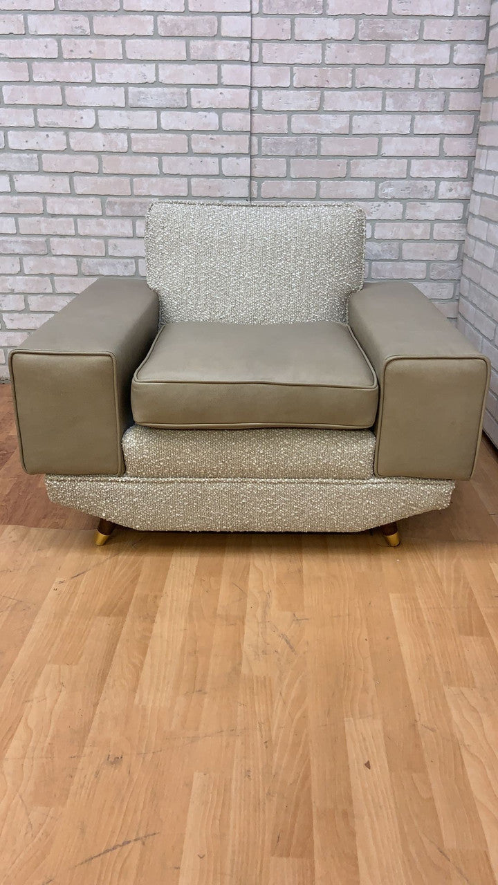 Mid Century Deco Convertible Daybed Sofa & Club Chair Set Newly Upholstered in a Boucle and Leather - 2 Piece Set