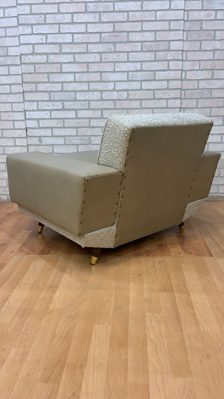 Mid Century Deco Convertible Daybed Sofa & Club Chair Set Newly Upholstered in a Boucle and Leather - 2 Piece Set