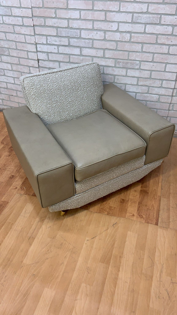 Mid Century Deco Convertible Daybed Sofa & Club Chair Set Newly Upholstered in a Boucle and Leather - 2 Piece Set
