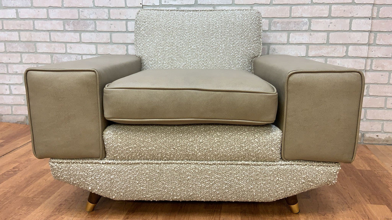Mid Century Deco Convertible Daybed Sofa & Club Chair Set Newly Upholstered in a Boucle and Leather - 2 Piece Set