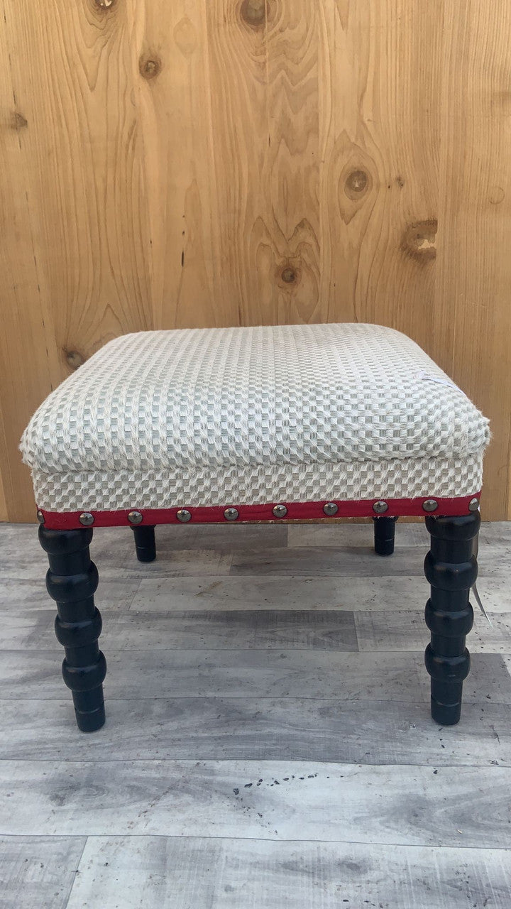 Bunny Williams Red Tape Stool in Natural Woven Cowhide with Ebony Legs