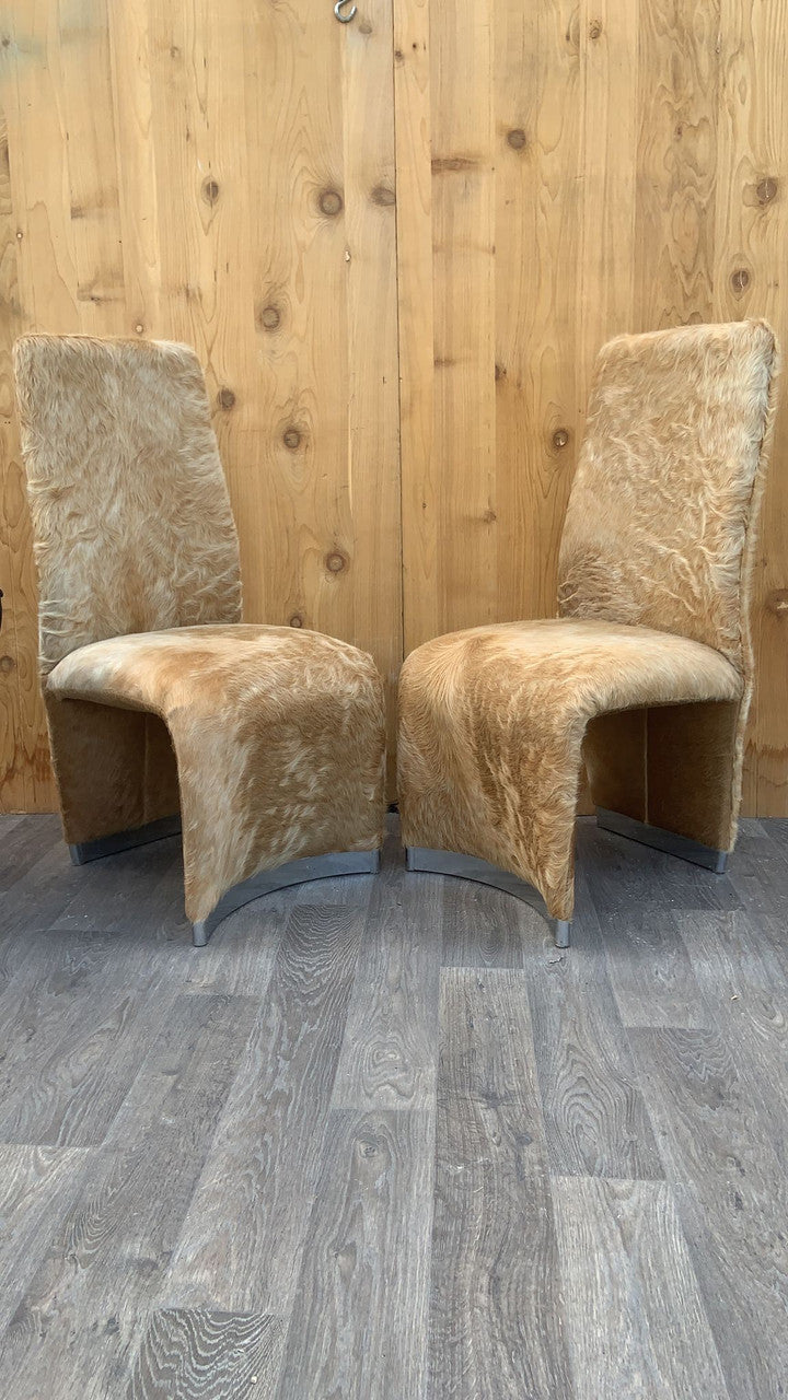 Post Modern DIA Ribbon Side Chairs with Chrome Base Trim Newly Upholstered in Brazilian Palomino Cream Cowhide - Pair