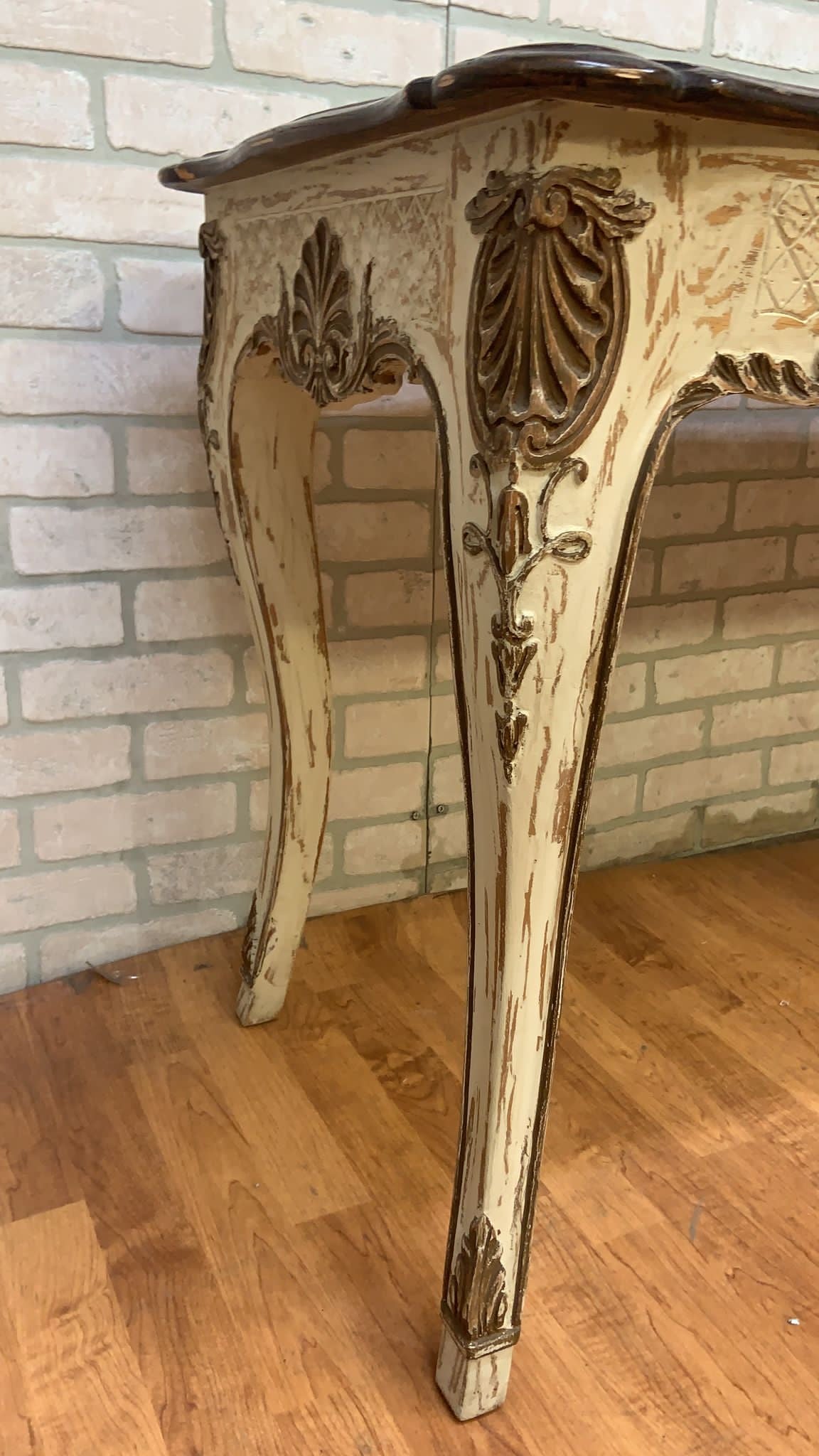 Vintage French Provincial Hand Carved Console Table with Cherry Wood Top