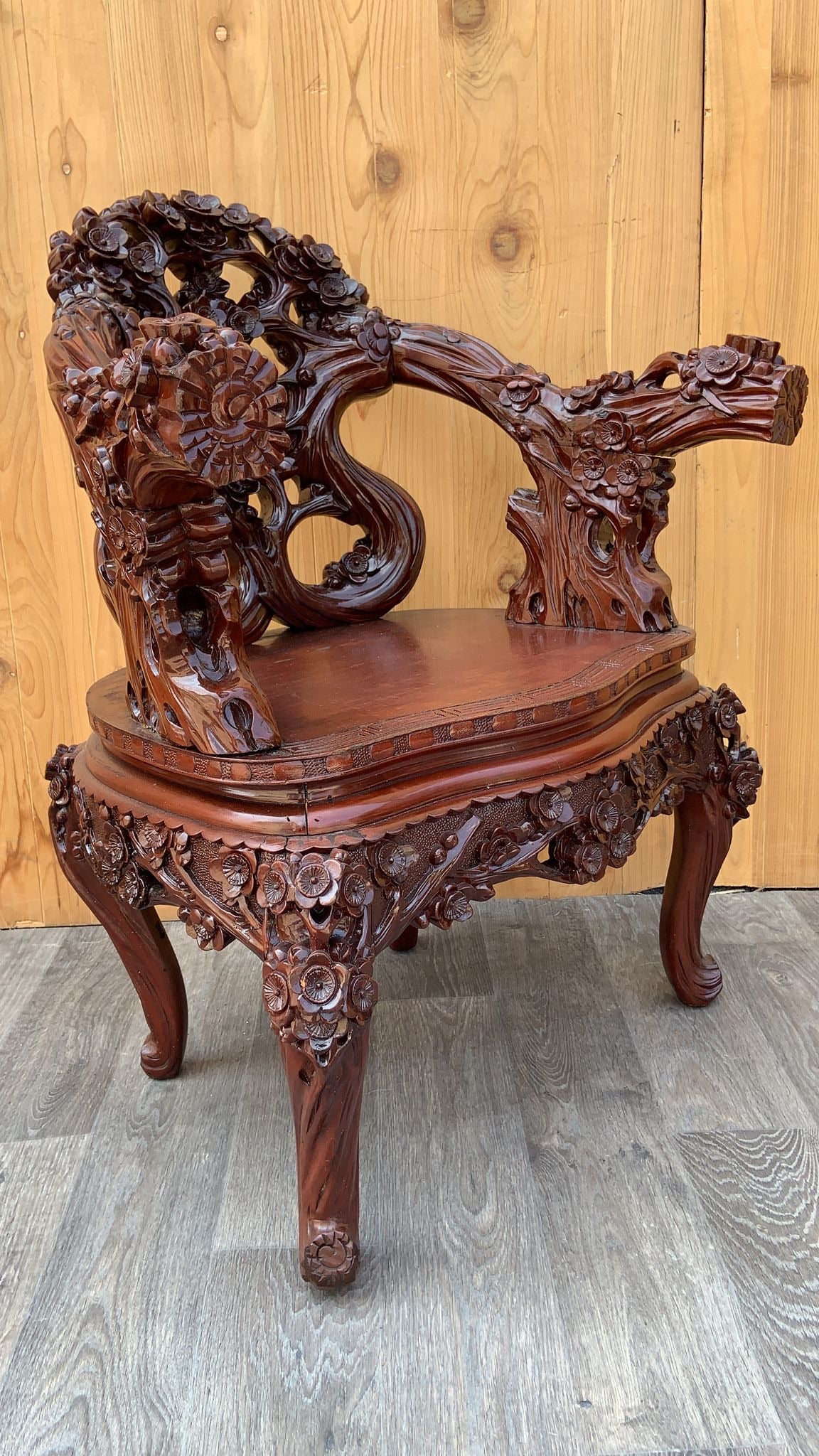 Vintage Japanese Carved Floral Accent Chair