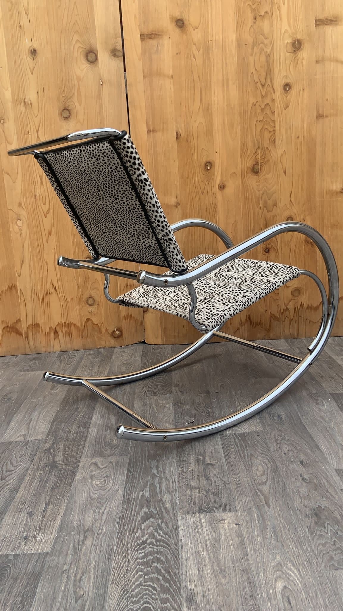 Vintage Bauhaus Style Rocking Chair by Fasem Italy, Newly Upholstered in Cheetah Print Hair-On Cowhide