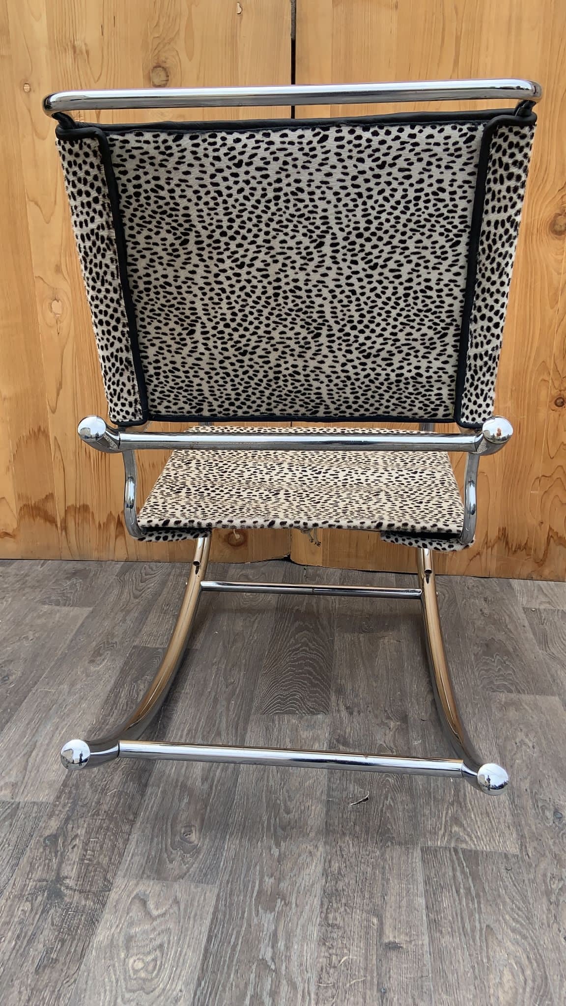 Mid Century Modern Mies Van Der Rohe Style Fasem Bauhaus Chrome Sling Rocker Newly Upholstered in Cheetah Print Hair-on Cowhide