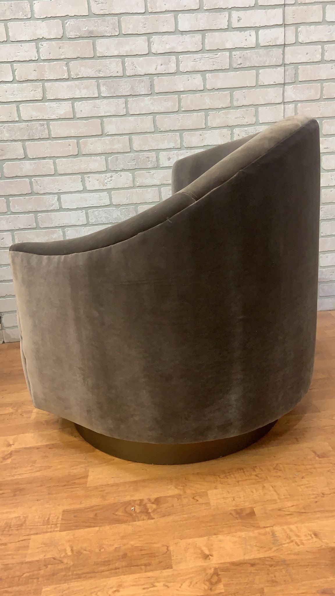 Post Modern Asymmetrical Barrel Back Swivel Chairs Newly Reupholstered in Grey Velvet on a Bronze Base