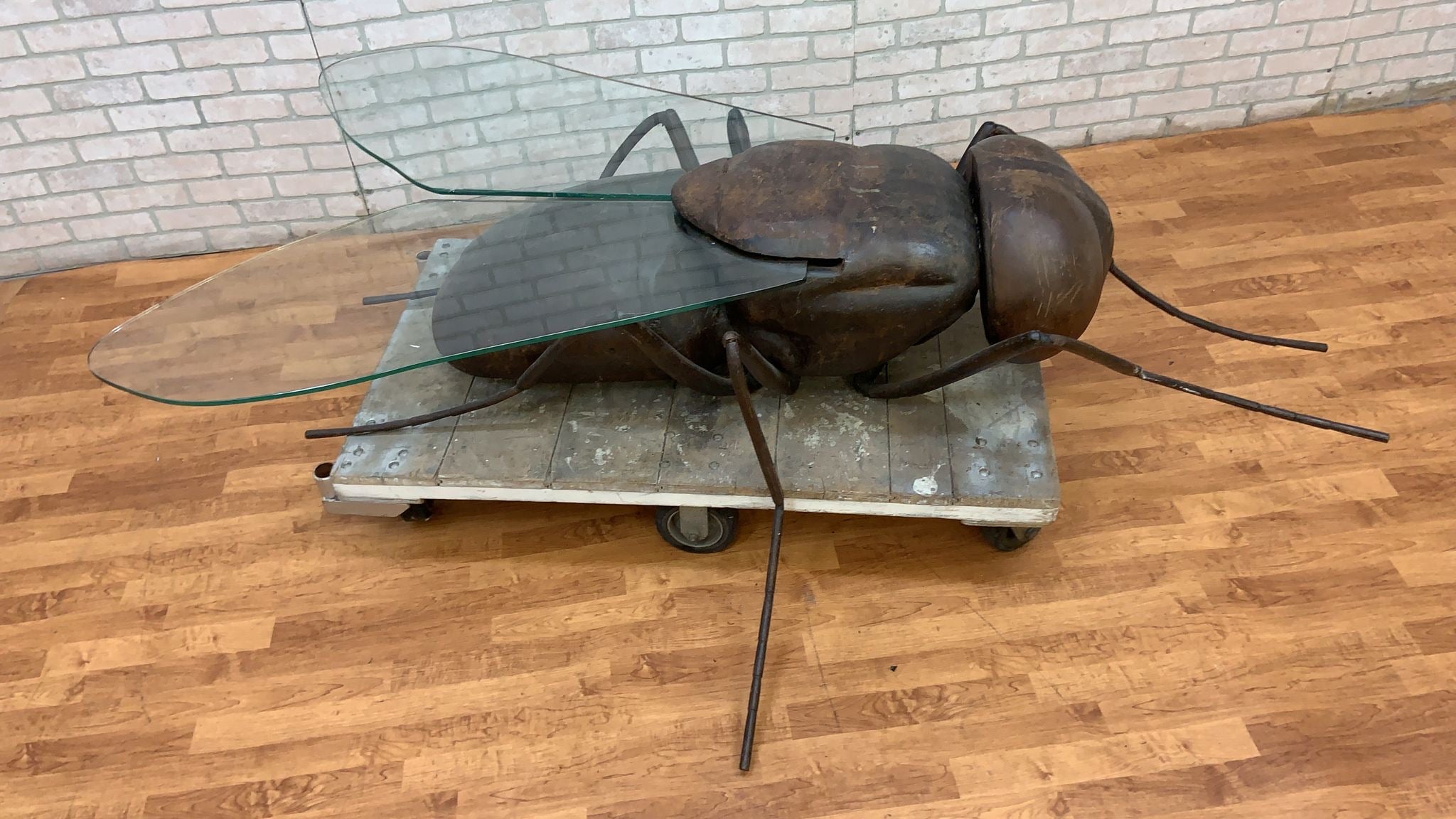 Vintage Francois Melin Stag Style Iron and Glass Wing Fly Coffee Table
