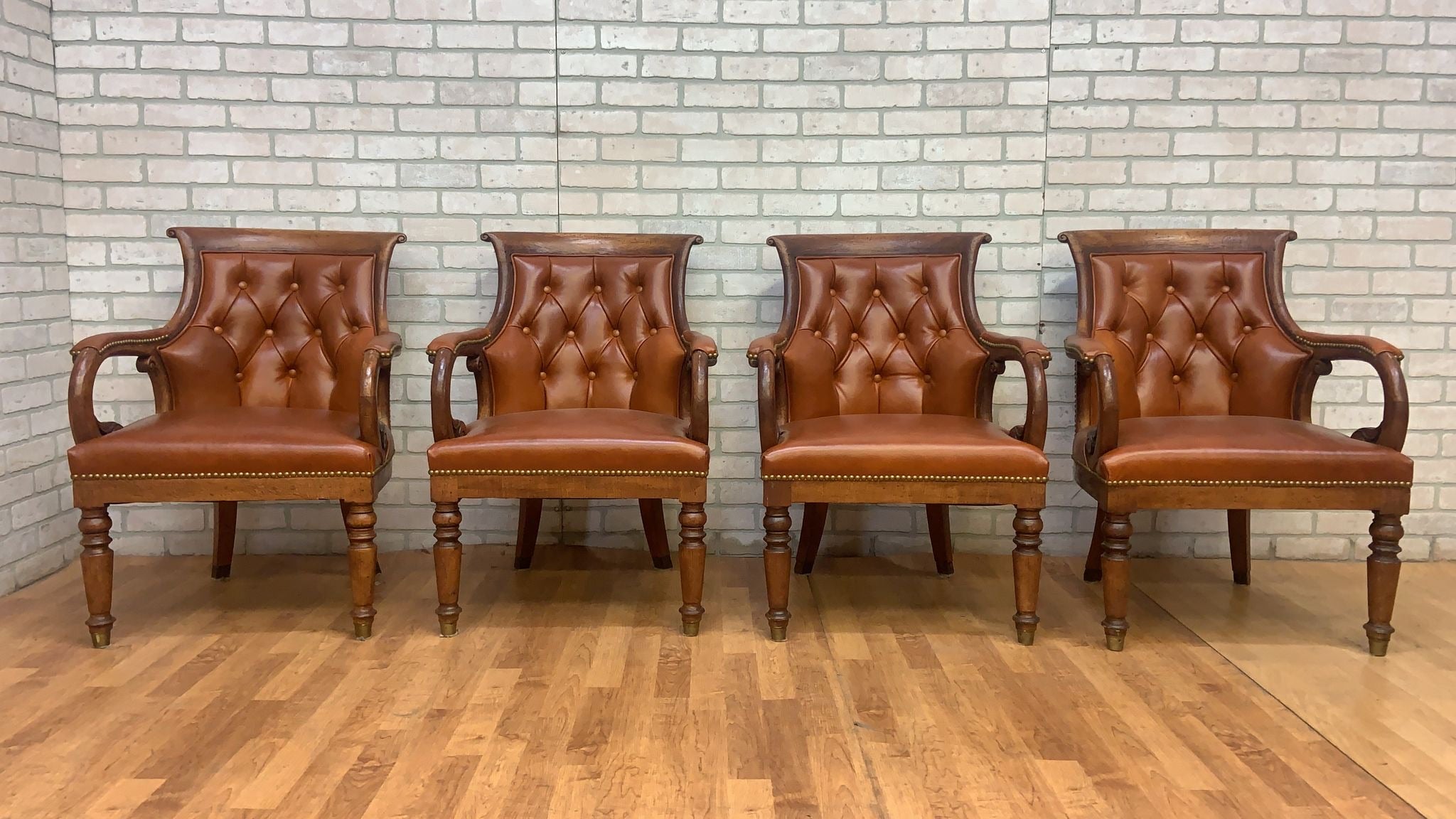 Vintage Hancock and Moore Tufted Jockey Club Chair Newly Upholstered in Leather - Set of 4