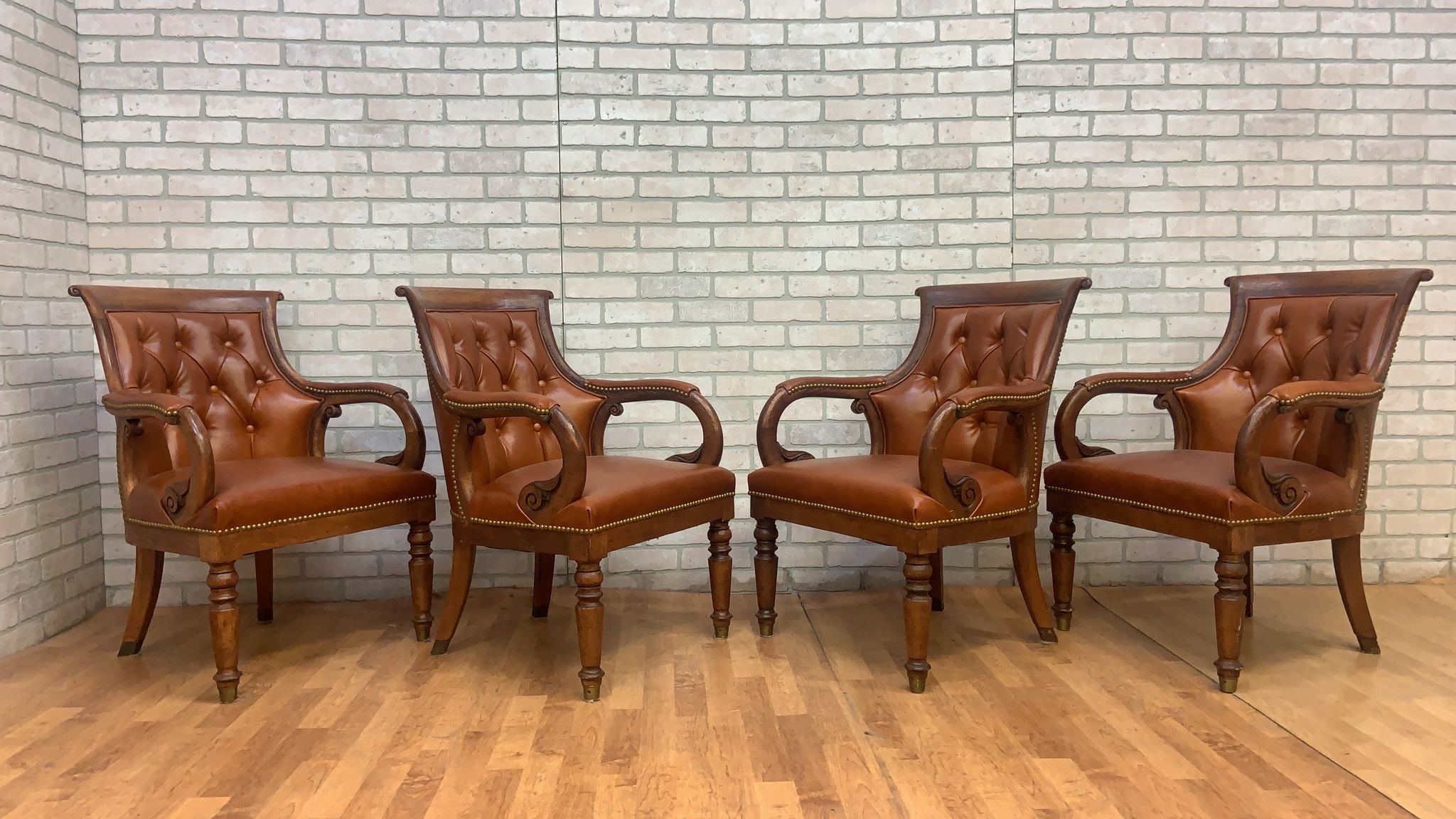 Vintage Hancock and Moore Tufted Jockey Club Chair Newly Upholstered in Leather - Set of 4