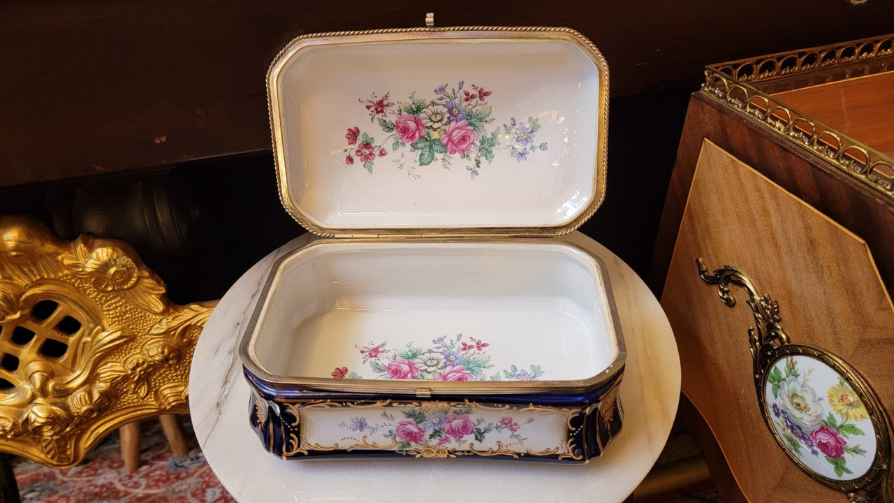 Antique French Sèvres Style Painted Porcelain and Gilt Brass Box