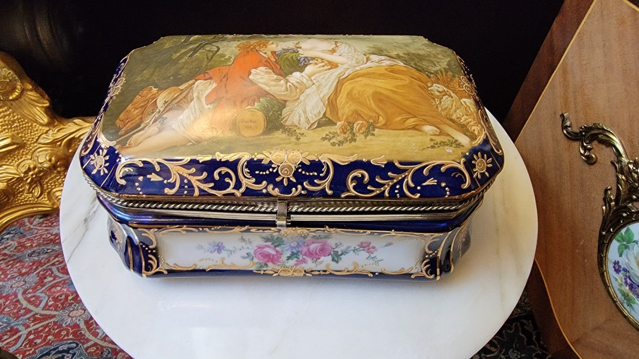 Antique French Sèvres Style Painted Porcelain and Gilt Brass Box