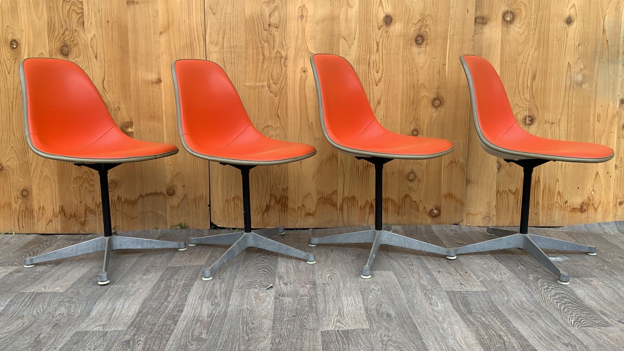 Mid-Century Modern Herman Miller Swivel Shell Chairs in Red Orange Vinyl - Set of 4