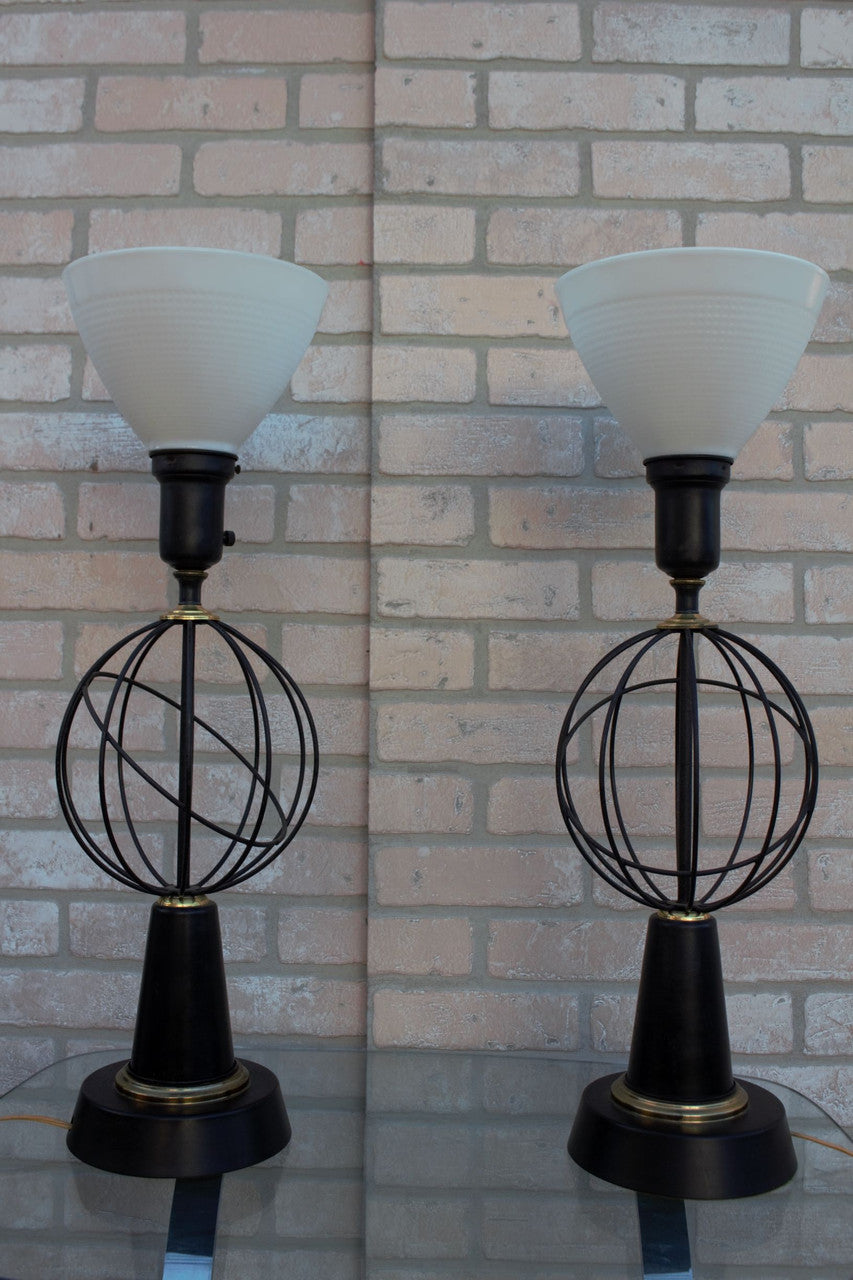 Mid Century Modern Atomic Table Lamps with Porcelain Shades - Pair