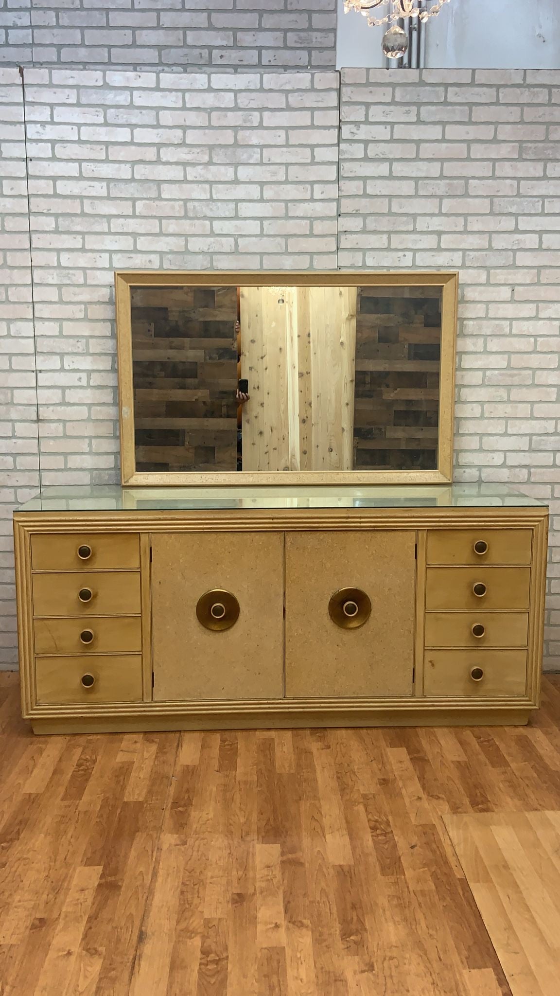 Mid Century Modern Cork and Wood Credenza/Sideboard with Mirror by Paul Frankl for Johnson Furniture