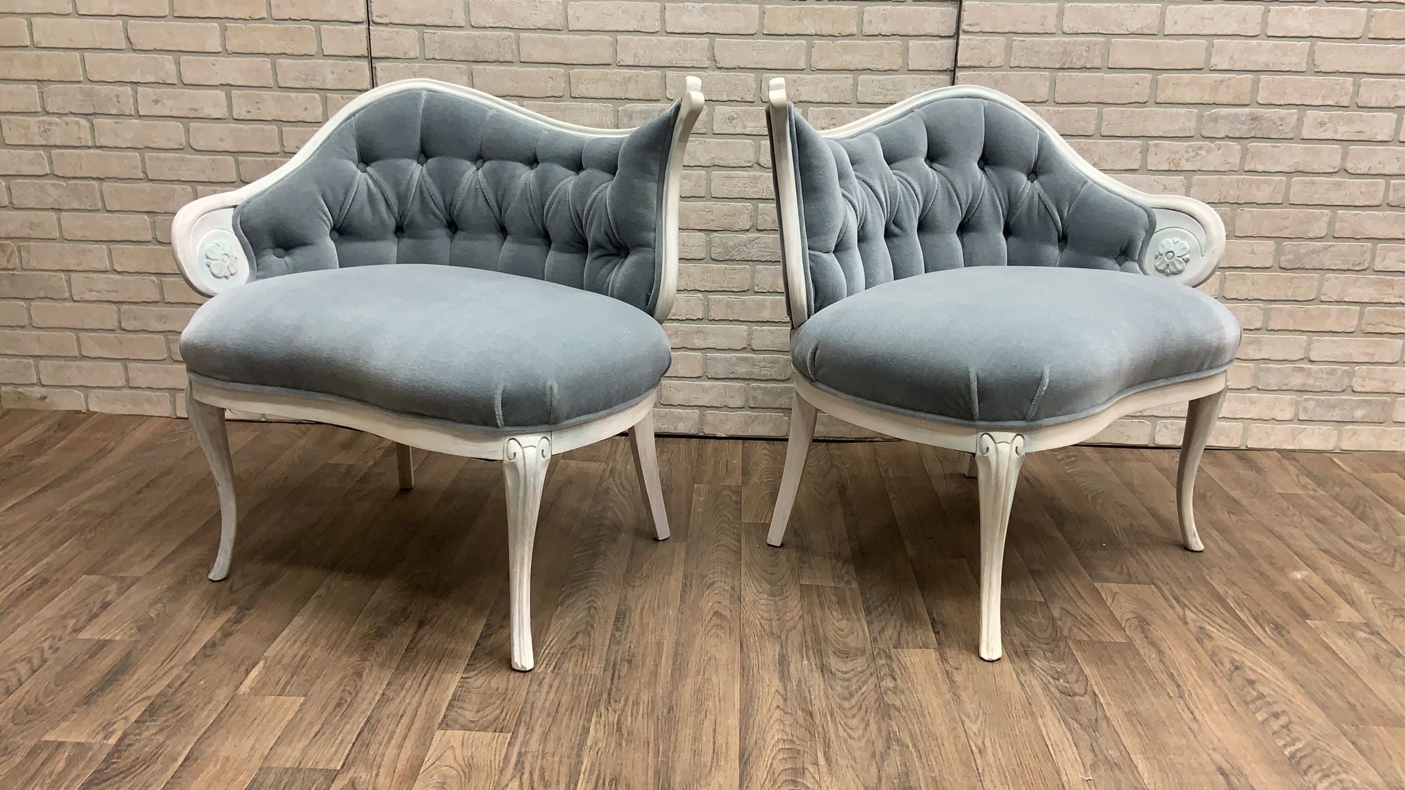 Vintage French Rococo Style Asymmetrical Fireside Chairs Newly Upholstered in Ice Blue Mohair - Pair