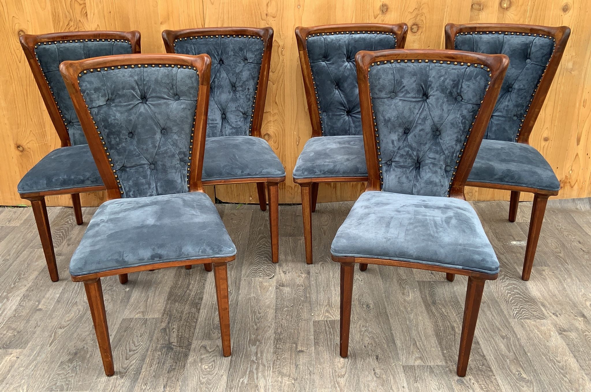 Vintage Italian Art Deco Sculptural Curved Back Dining Chairs Newly Upholstered in a Holly Hunt Blue Suede - Set of 6