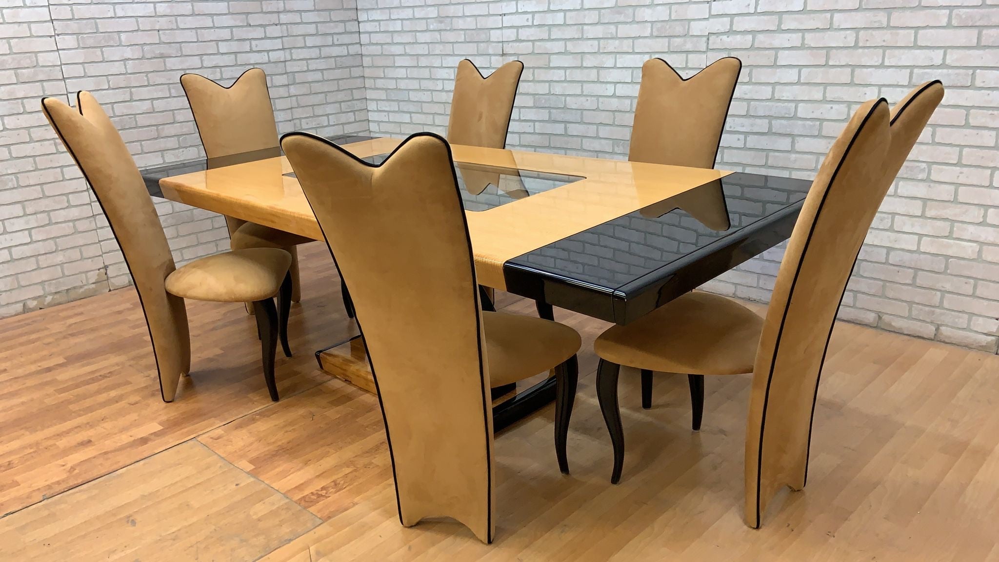 Vintage Italian Art Deco Extending Dining Table with 6 High Back Dining Chairs - 9 Piece Set