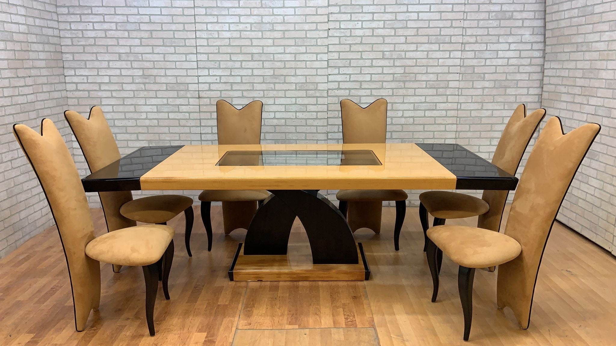 Vintage Italian Art Deco Extending Dining Table with 6 High Back Dining Chairs - 9 Piece Set