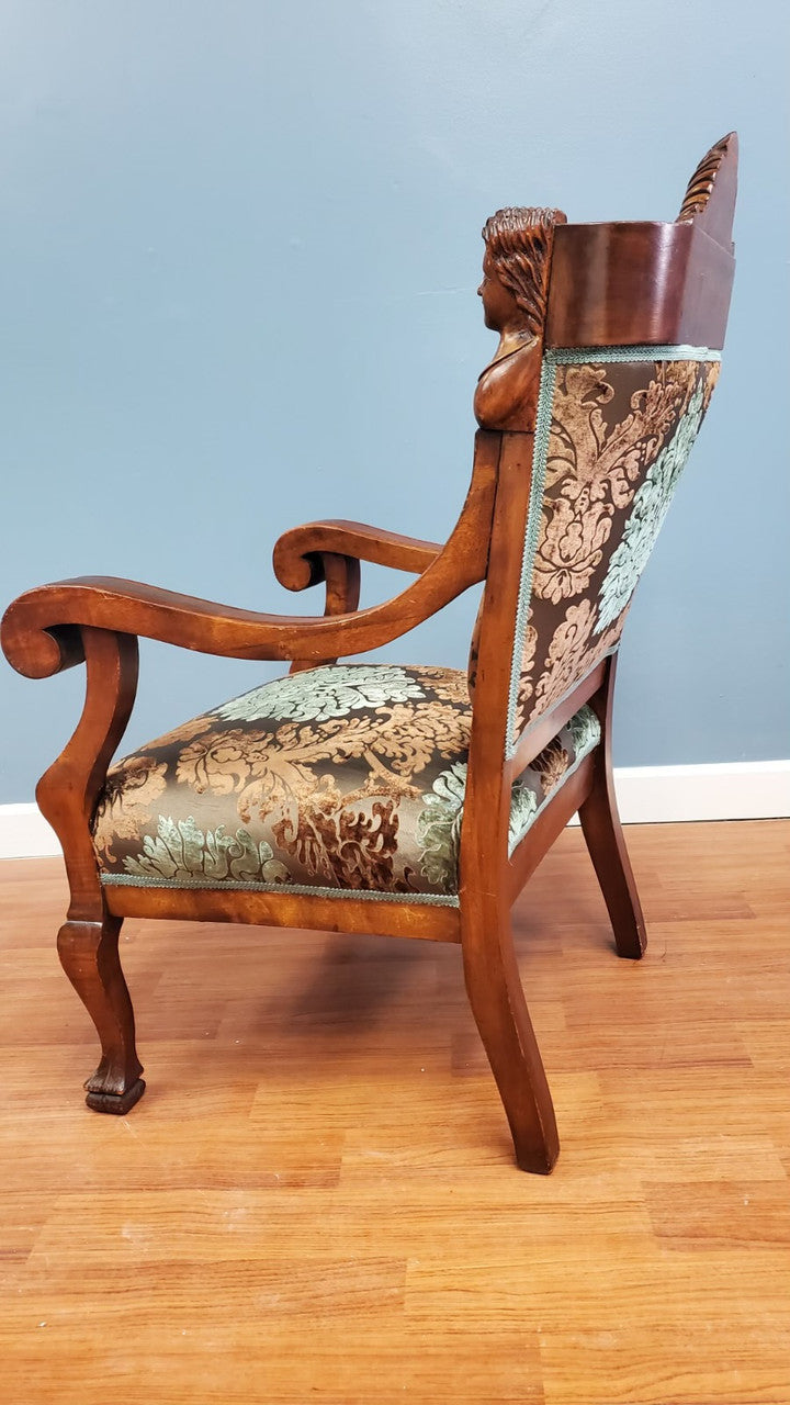 Antique Victorian John Jelliff Style Hand Carved Figural Armchair Newly Upholstered