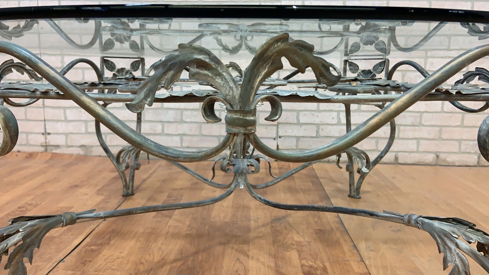 Vintage French Parisian Wrought Iron Octagonal Glass Top Coffee Table
